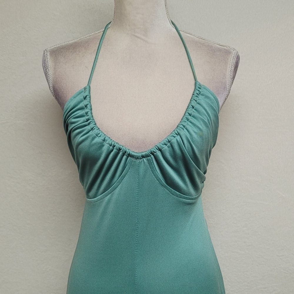 Infinity Vintage 60s Seafoam Green Stretchy Fabric Low Back Halter Maxi Dress - Picture 3 of 11
